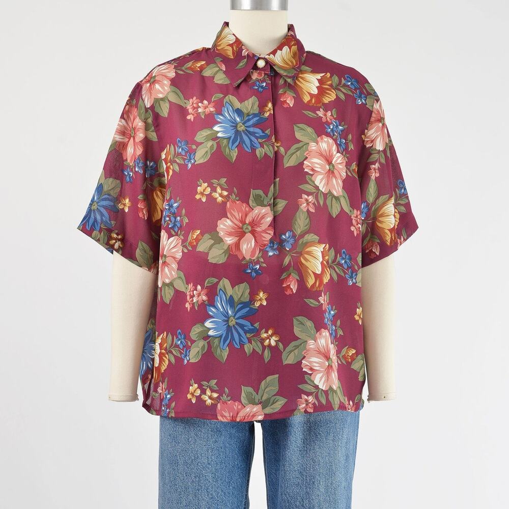 Vintage 90s Burgundy Floral Blouse Sheer Button Up Shirt Cottagecore Top L